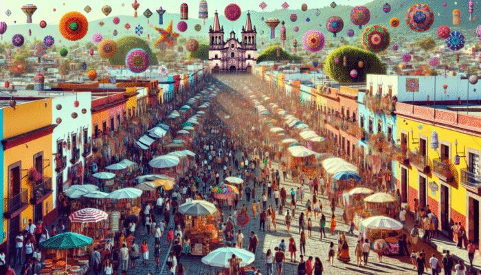 A lively San Miguel de Allende street during Día de los Muertos, filled with tourists and markets selling traditional items at elevated prices.