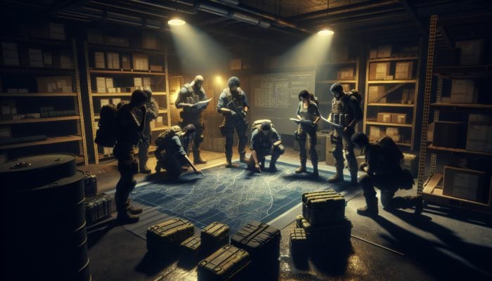 SHTF Security Measures: A determined survivalist group reviews risk maps and stockpiled resources in a dimly lit bunker under flickering lights.