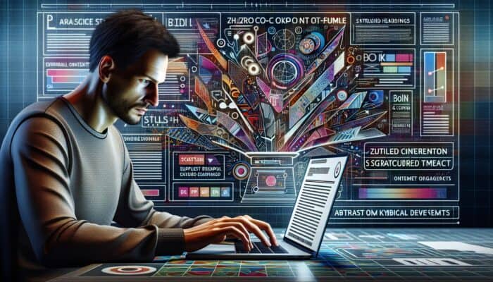 A user at a laptop conducting a zero-click search with structured content and graphs analysing user behaviour.