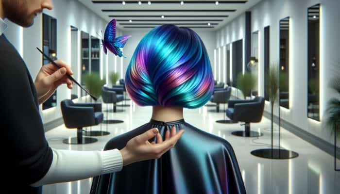 A hairstylist expertly blending electric blue and purple into a layered butterfly bob, creating wing-like gradients in a modern salon.