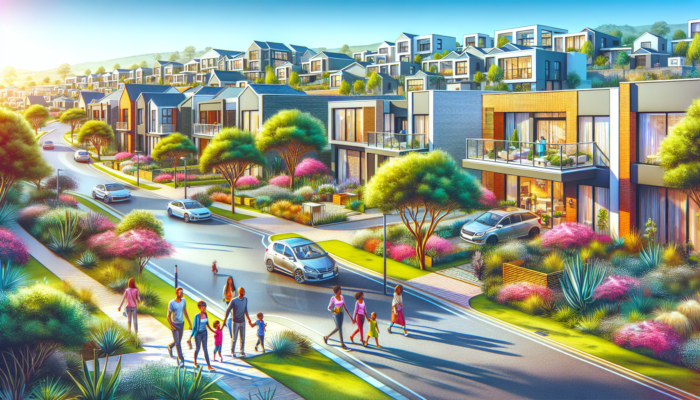 Vibrant suburban street in Midrand with modern townhouses, manicured lawns, blooming gardens, and families strolling under a sunny sky.