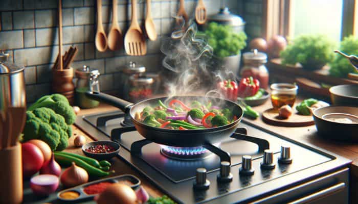 A sizzling skillet on a stove preparing a colourful, nutritious meal, with minimal utensils and ingredients around, symbolising efficiency and versatility.