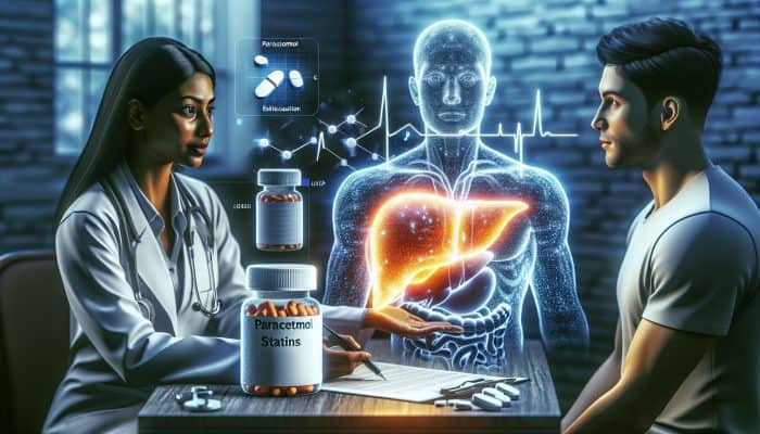 A healthcare professional in an NHS clinic discussing medication risks with a patient, surrounded by paracetamol, statin bottles, a glowing liver diagram, and health charts.