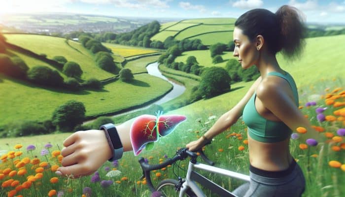 A person cycling through verdant UK hills adorned with blooming wildflowers, checking a fitness tracker, symbolising renewed energy and improved liver health.