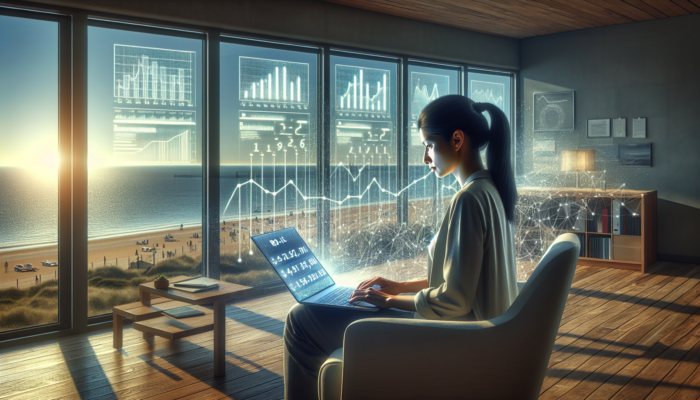A focused entrepreneur in a cosy Burnham-on-Sea office analyses ROI data on a laptop, showing Google Analytics graphs and a seaside view.
