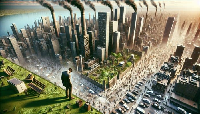 An isolated urban individual in a crowded, polluted city, stressed by financial and job insecurities, seeking mental health support.