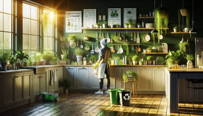 Sunlit kitchen: person in sustainable attire cleans counters with biodegradable sprays and reusable cloths, surrounded by plants and recycling bins.