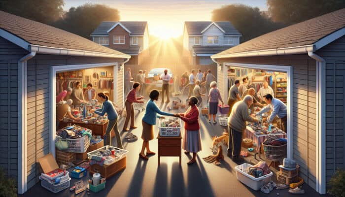 A bustling suburban garage in morning sunlight, with friends helping Sarah sort clutter and John hosting a lively sale with neighbours.