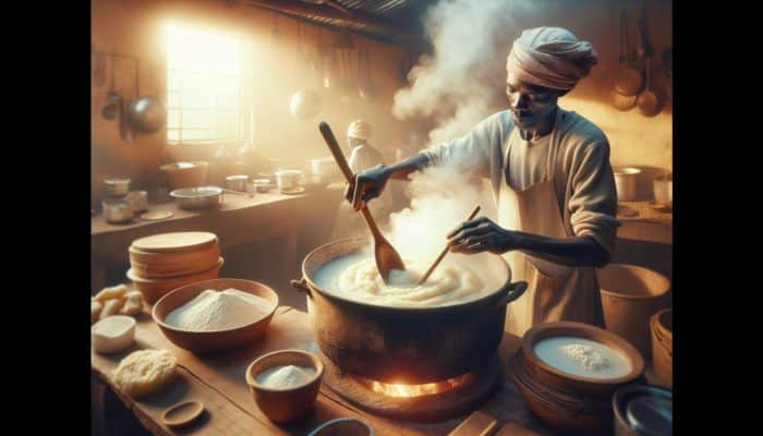 A skilled cook in an African kitchen stirs boiling water, adding maize flour to form smooth Ugali dough as steam rises.