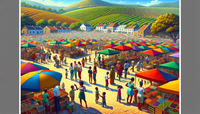 A vibrant community market at Jordan Wine Estate: families chat at colorful stalls, children play games, and neighbors mingle under sunny skies.