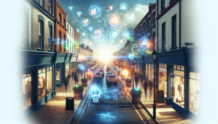 Digital Marketing in Newton Abbot for Small Business: Busy UK high street in Newton Abbot: chic boutique with glowing SEO overlays, search results, keywords, rising graphs, and locals on smartphones.