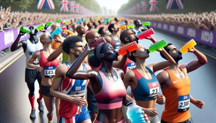 UK athletes consuming vibrant sports drinks to replenish electrolytes during a marathon, improving performance and preventing cramps.