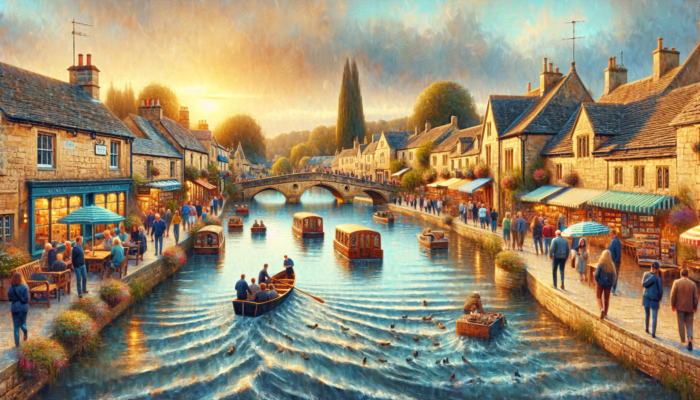 Vibrant scene in Bourton-on-the-Water: River Windrush flows as locals and tourists network on bridges, with bustling shops and colourful stalls under golden light.
