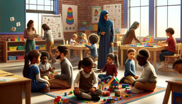 Young children in a lively classroom building blocks and puzzles, guided by a supportive teacher, illustrating the benefits of early training.