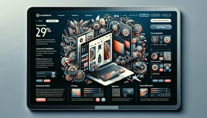 Laptop screen displaying an e-commerce product page featuring stylish gadget images, detailed descriptions, pricing, customer reviews, and a prominent "Buy Now" button.