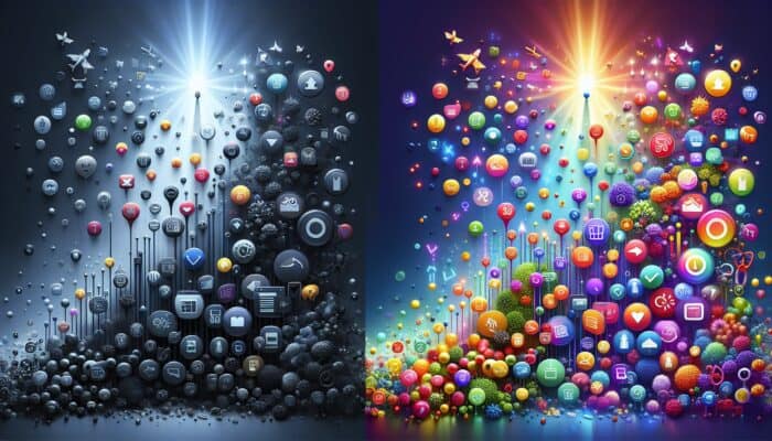 Illustration showing SEO's impact: a dim underperforming product page with low traffic icons versus a vibrant one with rising graphs and sales symbols.