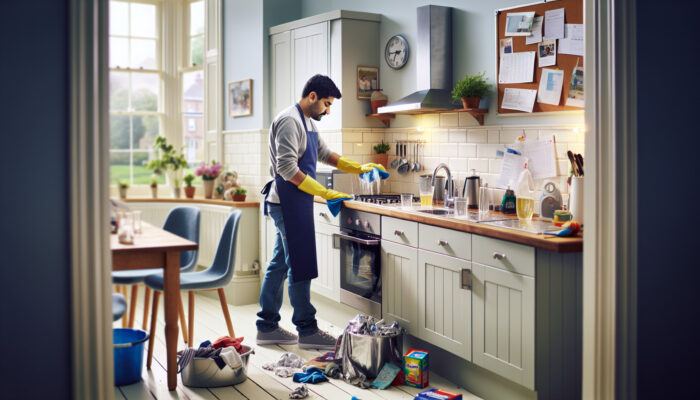 A brightly lit UK kitchen after house clearance, with a cleaner wiping countertops, sanitizing the sink, and polishing appliances.