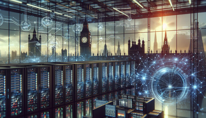 Illustration of UK's remote cheque clearing: digital networks, servers in a modern London office with Big Ben, dynamic data flows emphasizing efficiency and innovation.