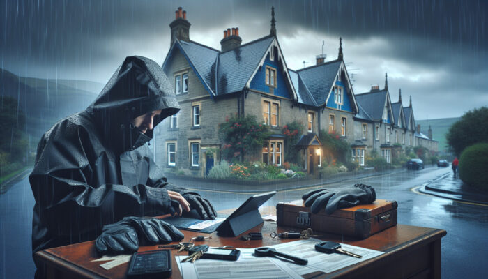 In a rainy UK suburb, a professional in a waterproof jacket coordinates via tablet with tenants at a historic house, reviewing permits on a desk.