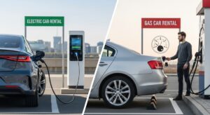 A split image depicting an Electric Car charging at a station labelled "ELECTRIC CAR RENTAL" on the left, and a man refuelling a Gas Car under a "GAS CAR RENTAL" sign on the right. Both vehicles are outdoors against a city skyline, showcasing contemporary rental options.
