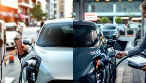 A split image features two electric cars charging on a city street. On the right, an individual plugs in a blue car beneath an "Electric Car Rental" sign—ideal for those exploring their rental options.