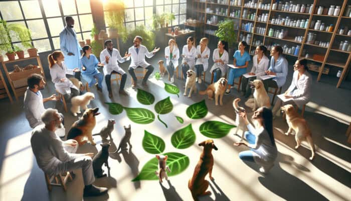 Diverse veterinarians and pet owners in a sunlit workshop discuss eco-friendly charts and products, with playful dogs and cats nearby.