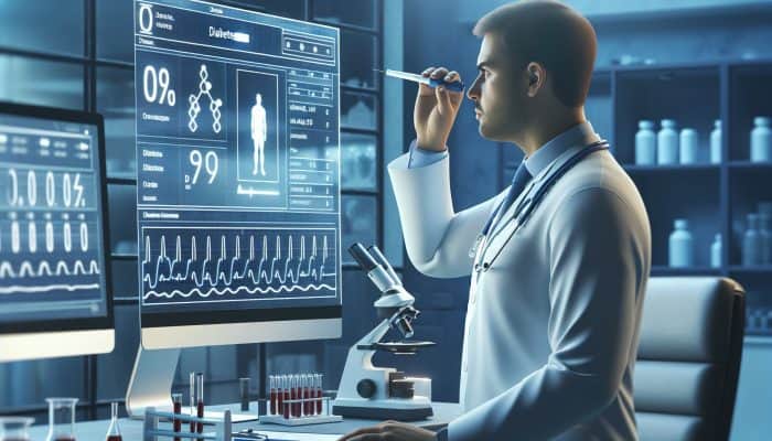 Endocrinologist examining diabetes test results on a digital screen in a modern Widnes clinic, surrounded by lab equipment and UK charts.