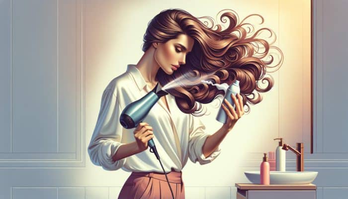 A stylish woman in a bright bathroom applies mousse to her damp wavy hair, massaging roots for volume and blow-drying for a bouncy finish.