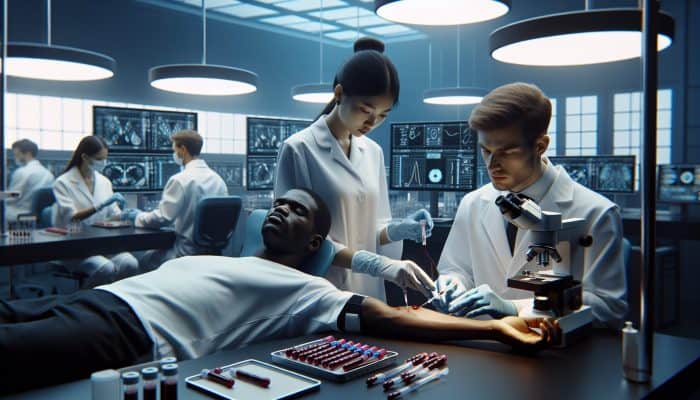 Technicians in white coats draw blood and analyze ferritin samples in a modern UK lab with microscopes and digital screens.