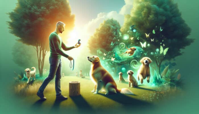 Reducing Dog Jumping On Guests: A dog trainer demonstrates commands to a golden retriever in a sunny park using treats and a clicker, surrounded by trees and other dogs.