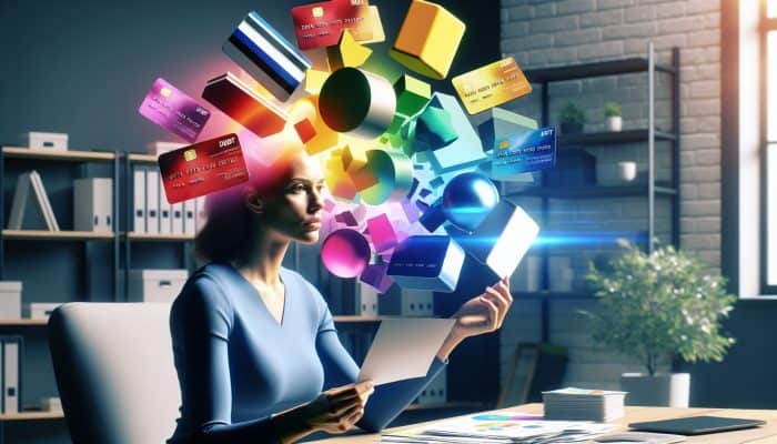 UK borrower in a modern home office reviews colorful debt graphs and credit cards transforming into a glowing loan document, symbolising financial freedom.