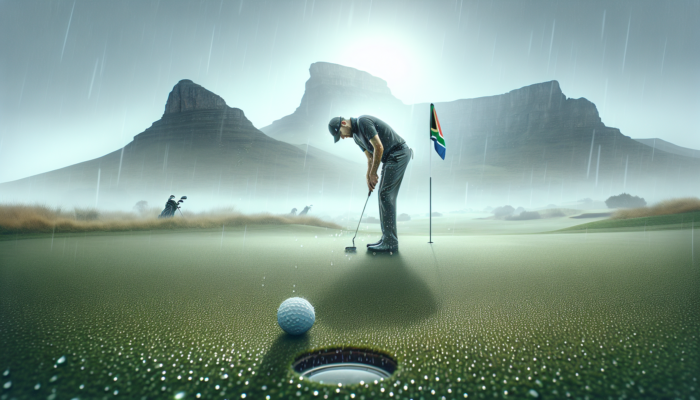 South African golfer practices putting on soggy green in misty Free State, using soft grip with water droplets on ball and grass.