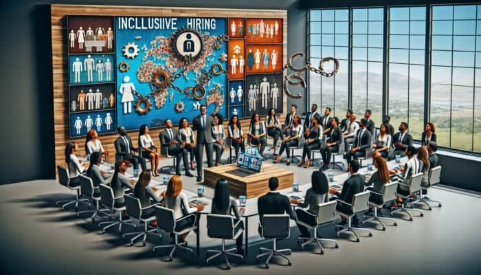 A diverse group of professionals in a modern training room discussing inclusive hiring, with screens showing broken bias chains and diverse team photos.