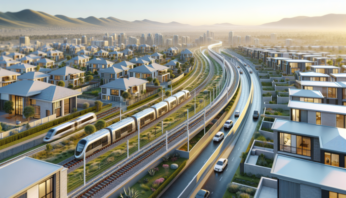 A vibrant urban scene in Springs, Gauteng, with modern roads, high-speed trains, and families viewing contemporary homes.