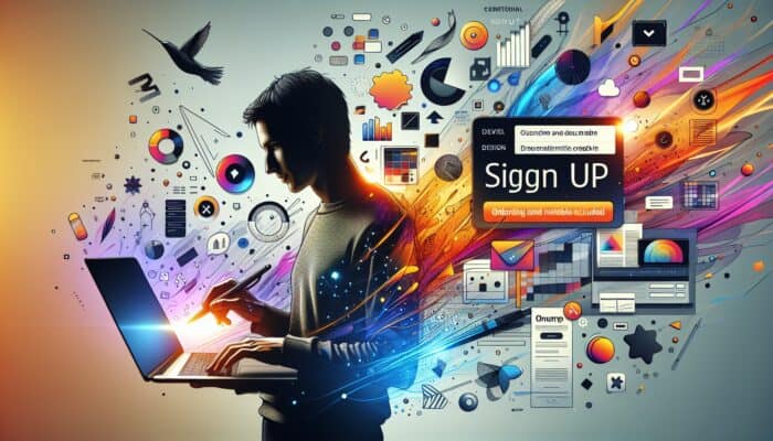 Illustration of a user on a laptop clicking Canva's Sign Up button, with glowing email, Google, and Facebook icons surrounded by floating design templates and colors.