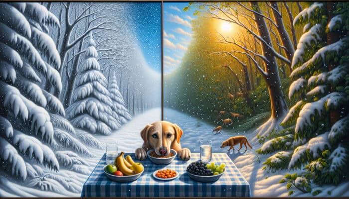 Seasonal Diet Shifts for Pets: A dog enjoying a hearty meal in a snowy forest, contrasted with it sipping water and nibbling fruits under a sunny tree.