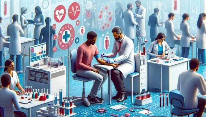The Necessity of Yearly Blood Tests: A doctor in a white coat conducts a blood test on a diverse patient in a busy London NHS clinic, surrounded by lab equipment and health posters.