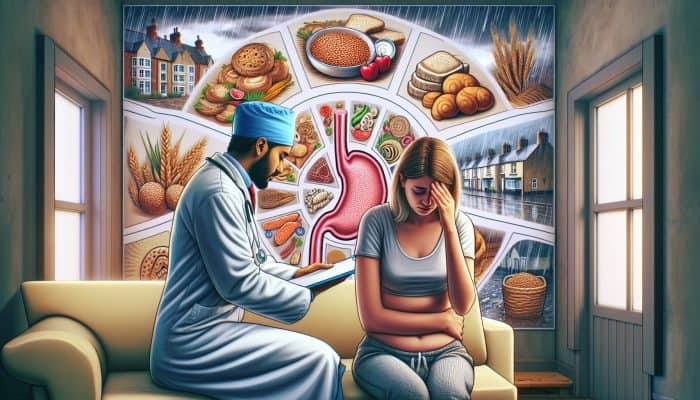 Gluten Intolerance Test in Willenhall: A weary resident at a clinic clutches their bloated stomach and rubs tired eyes while consulting a compassionate GP, surrounded by gluten-free posters and rainy streets.