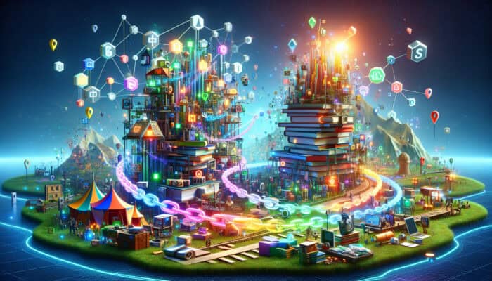 A digital web of glowing chains links a vibrant travel blog to an authoritative magazine tower, symbolising backlink quality in an SEO landscape.