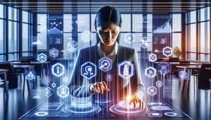 A focused human virtual assistant in a modern office analyses SEO data on holographic screens, displaying keyword clouds, analytics graphs, and link-building networks.