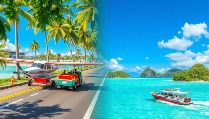 A vibrant scene of transportation options in Belize featuring a small airplane at the airport, colourful shuttles on a tropical road, and a scenic boat navigating turquoise waters near lush islands.
