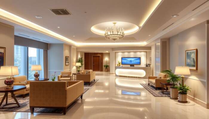 Elegant hotel lobby with welcoming front desk, comfortable seating, and soft lighting, embodying relaxation and luxury.