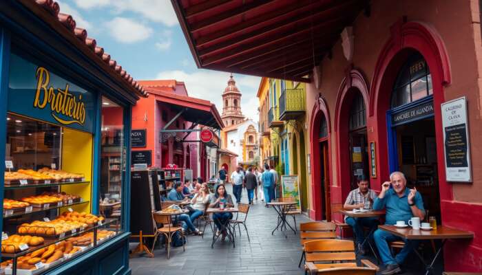 Colourful bakeries in San Miguel de Allende showcasing artisanal bread and pastries, with locals enjoying coffee at outdoor tables against a backdrop of traditional architecture.