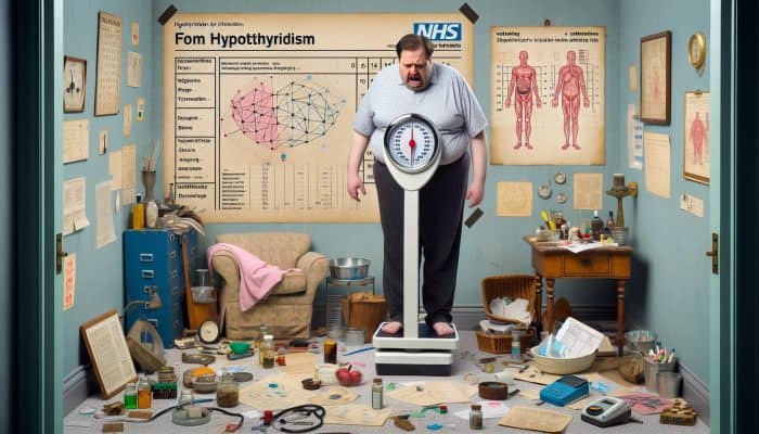 Frustrated overweight British man on bathroom scale, surrounded by NHS thyroid charts in cluttered home, symbolising weight gain from hypothyroidism.