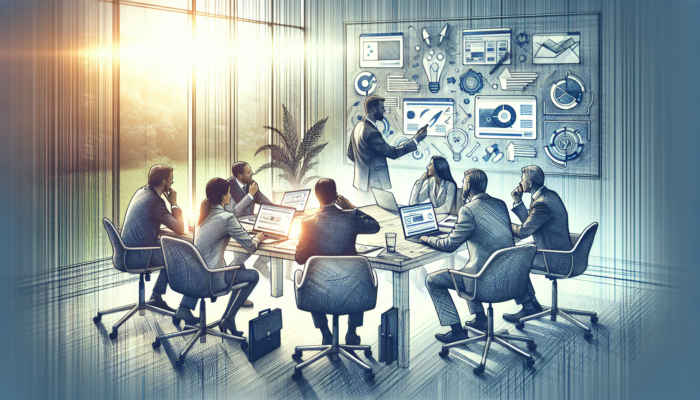 Experts in modern attire brainstorm website redesign strategies in a Taunton office, with laptops displaying designs and charts under natural light.