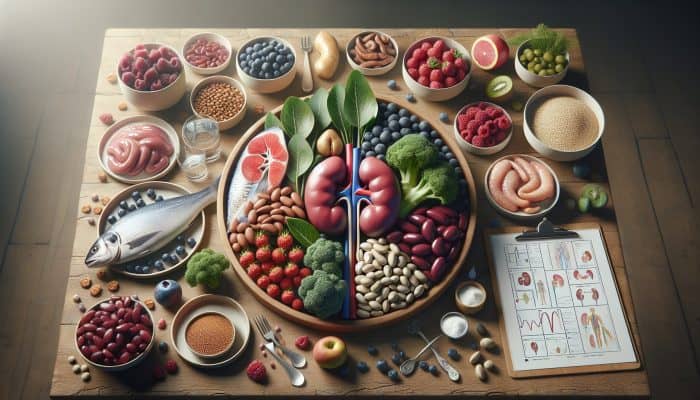 A vibrant still life of fresh berries, leafy greens, grilled fish, whole grains, legumes, and turkey on a wooden table, symbolising kidney health.