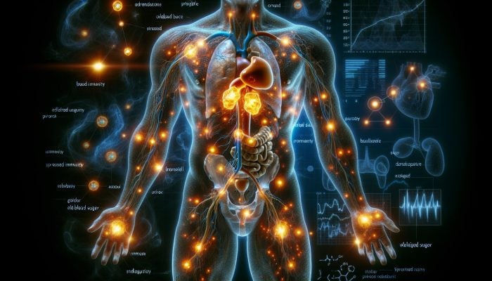 Cortisol Blood Test in Long Eaton: Illustration of adrenal glands releasing glowing cortisol into bloodstreams, symbolising stress effects on metabolism and immunity.