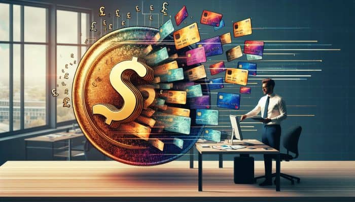 Understanding Debt Consolidation Costs: Essential Information | DCL Understanding Debt Consolidation Costs: Professional consolidating debts in London: colorful cards merging into a golden loan, depicting lower rates and simplified payments, with British pounds.