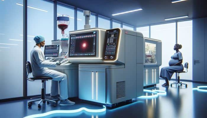 In a modern UK NHS lab, a healthcare professional operates an ALP analyser, viewing results on a screen as a pregnant patient waits.