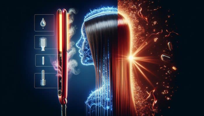 A close-up of hair strands wilting under a glowing red straightener with rising steam, contrasting healthy locks shielded by lower heat settings.